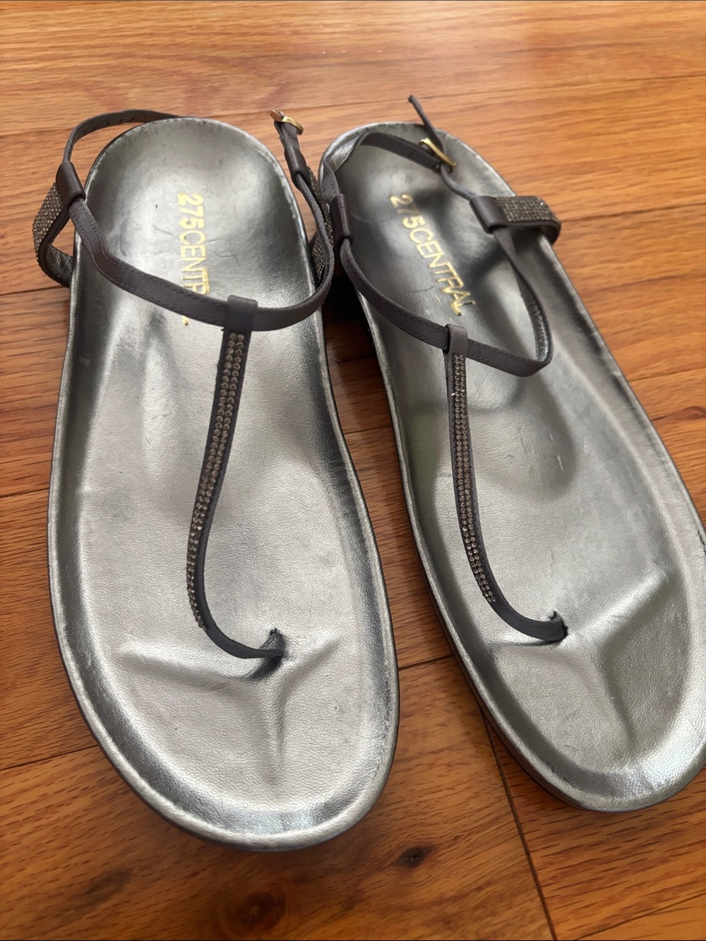 275Central Women’s Metallic Silver T-Strap Sandals
